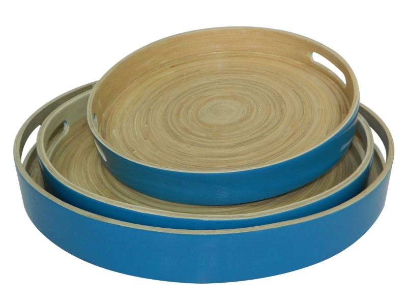 Premium Round Spun Bamboo Serving Tray Set with Handles - Eco-Friendly Home & Hospitality